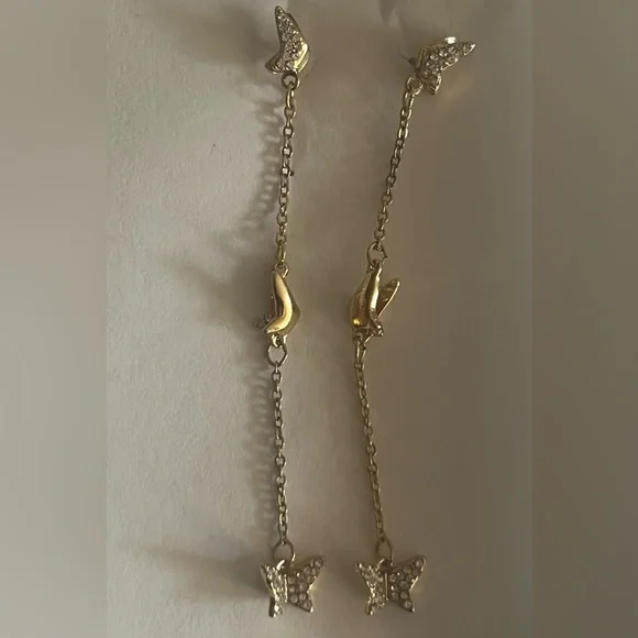 Gold 3 Inch Long Dangle Boho Butterfly Earrings With Crystal Gemstones~ New - Picture 5 of 8